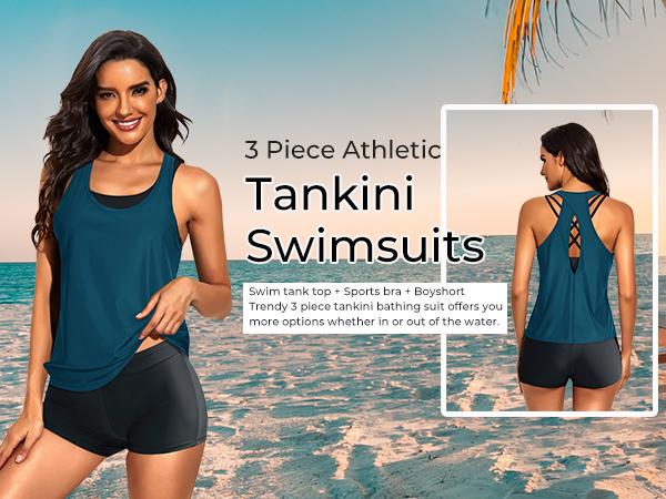 Tempt Me Three Piece Tankini Swimsuits for Women Athletic Bathing Suits Swim Tank Top with Boy Shorts and Bra Modest Swimwear