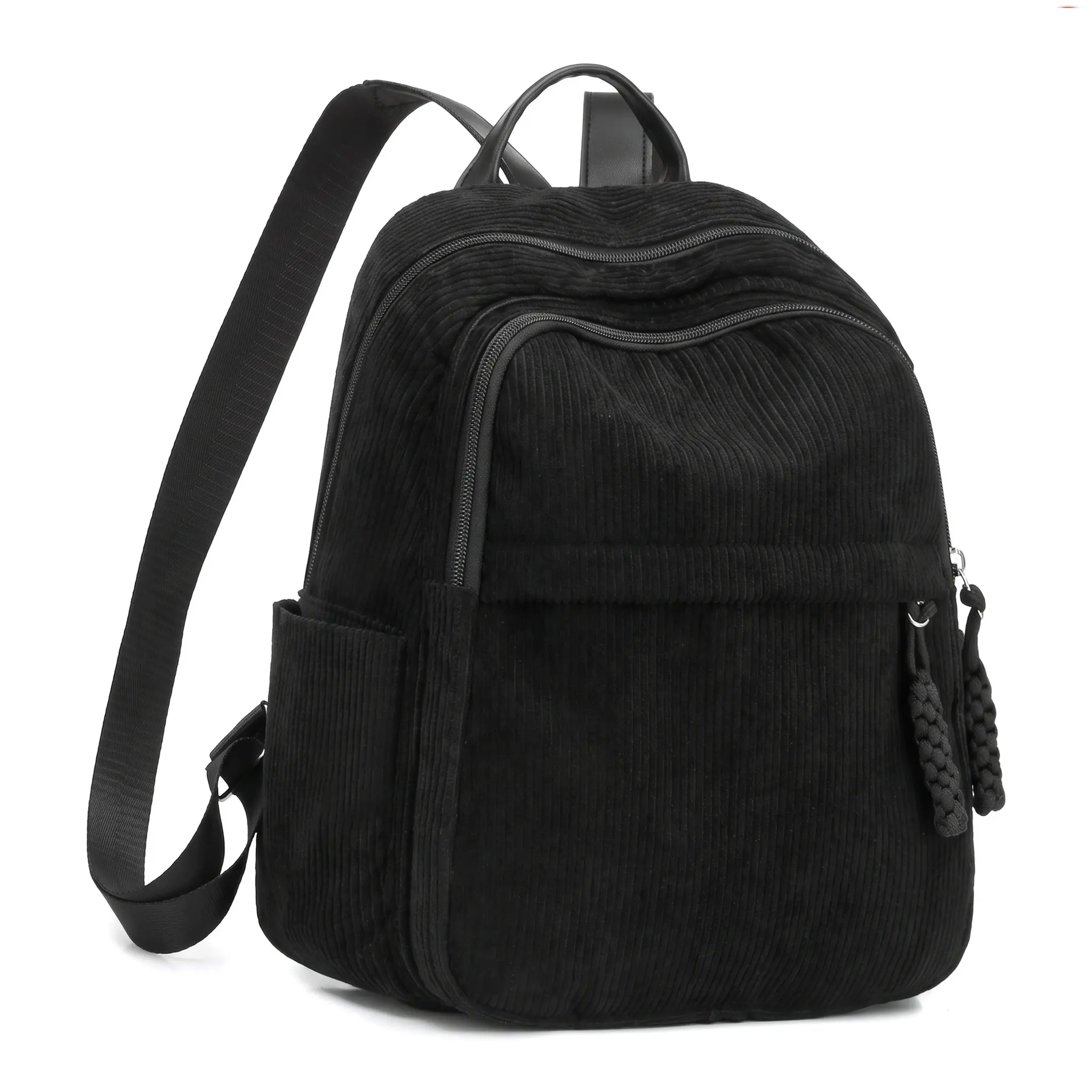 Cozy Corduroy Backpack For Students Roomy Daily Carry Soft Urban Minimalist Wear Resistant Nylon Lining Polyester Zipper Closure Stitching Detail Medium Size For Teens Young Adults Black Brown Pink Off White