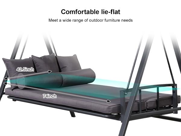 PURPLE LEAF Outdoor Patio Porch Swing Adjustable Backrest, 3-seat Swing Chair with Weather Resistant Steel Frame for Backyard ,Pillows Included