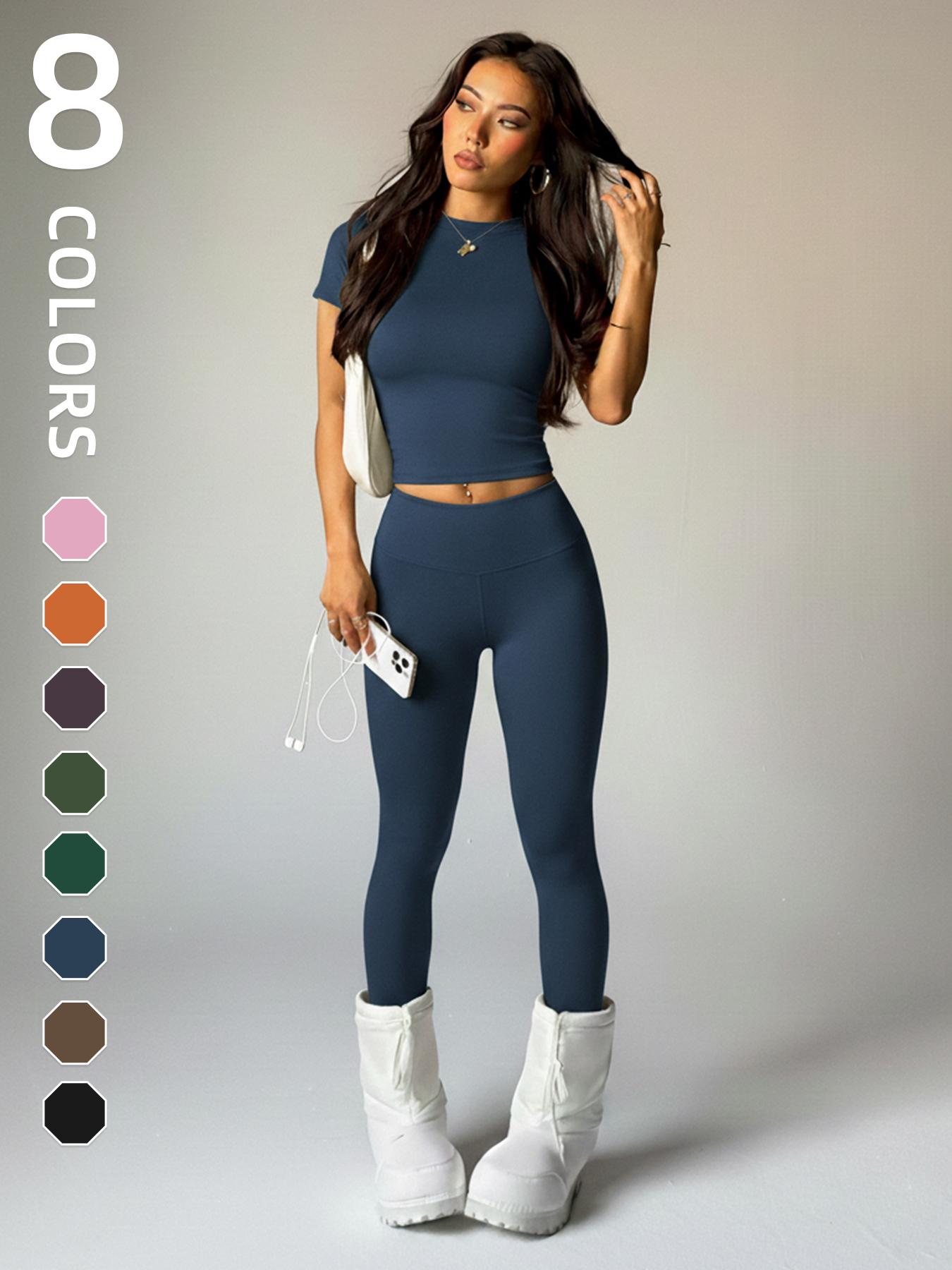 Women's Short Sleeve Round Neck Moisture Wicking Yoga Pants Set, Comfortable Fashion Daily Sports Wear, Elastic Sportswear, Workout Running Clothes