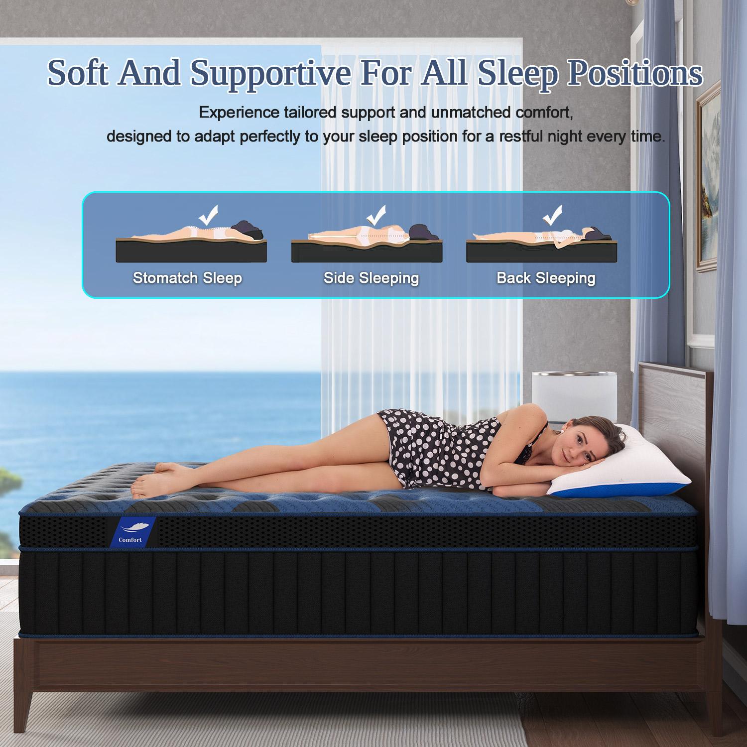 12"14" Twin Full Queen King Size Mattress in a Box Hybrid Pocket Spring Memory Foam, Medium Firm Ergonomic Mattress motion isolation with Lumbar Support