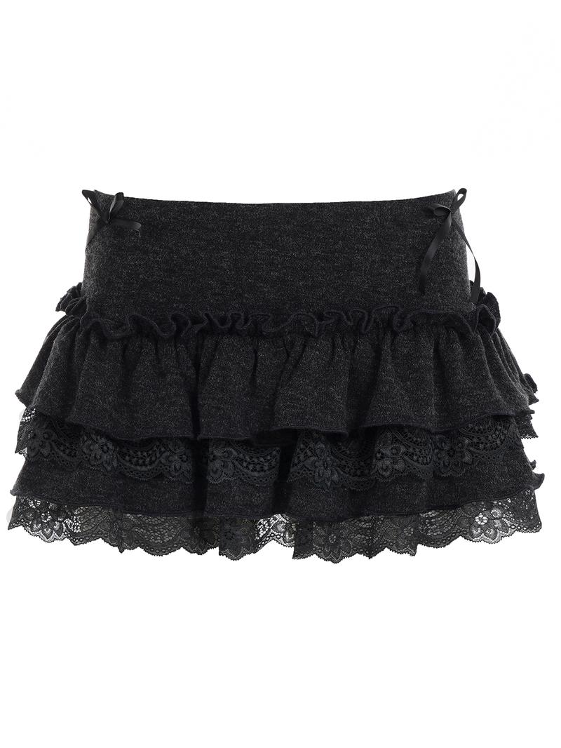 Y2K Sweet Style Bow Decorated Tiered A-Line Skirt, Mini Natural Waist Lace Trim Design, Fitted Plain Cake Skirt for Women