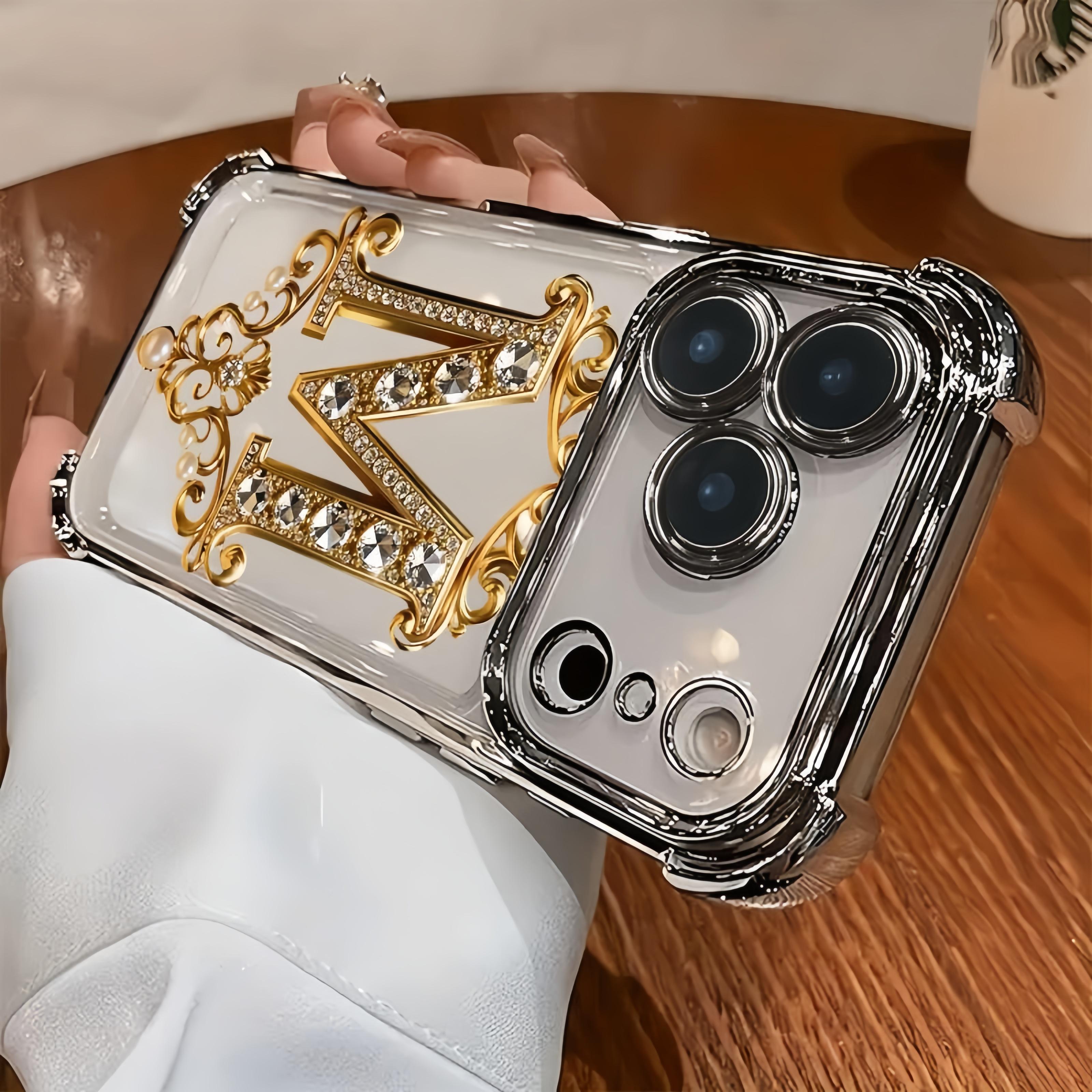 TPU Full-Coverage Lens Protective Cellphone Casing - Luxury Diamond & Gold "M" Design, Shockproof, Non-Slip, Multi-Model for iPhone 17,16,15,14,13,12,11,XS,X Series, Handheld Phone Accessory, Ideal Gift