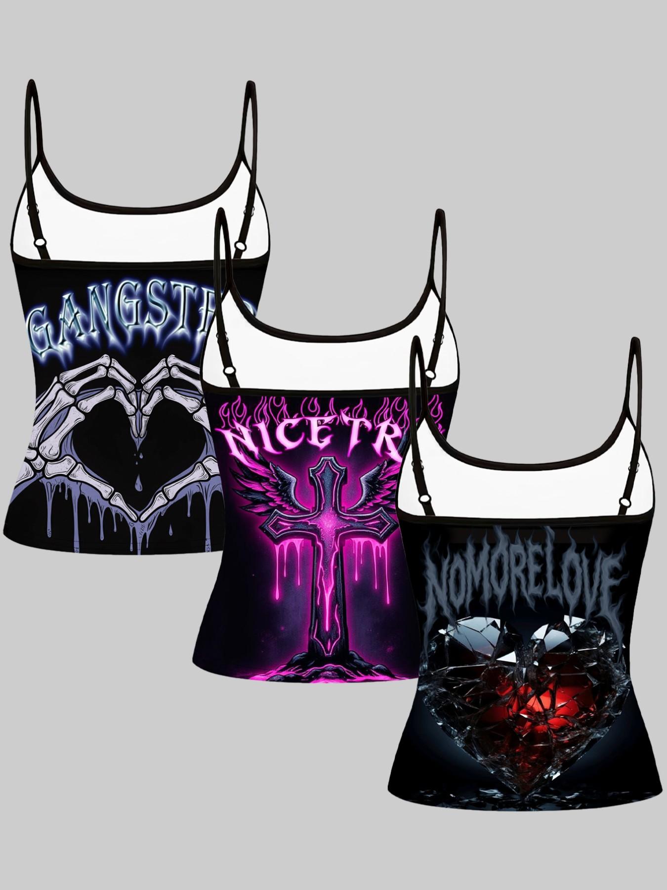 Gothic Skull Heart Cross Print Straps, Dark Sexy Slim-Fitting Top Set of Three, Casual Sleeveless Clothing for Women