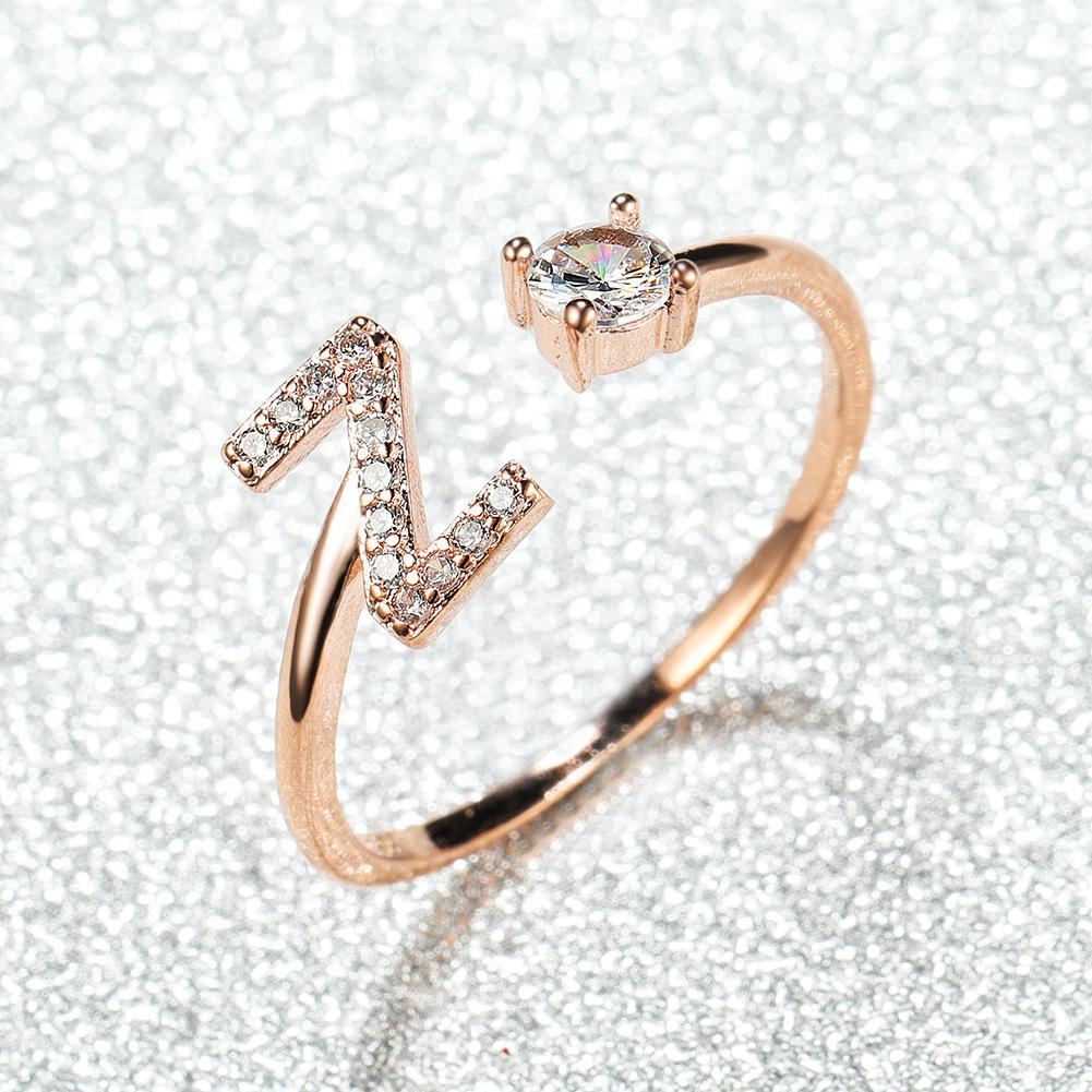 New rose gold letter ring, white diamond open ring accessory, unique personalized finger ring