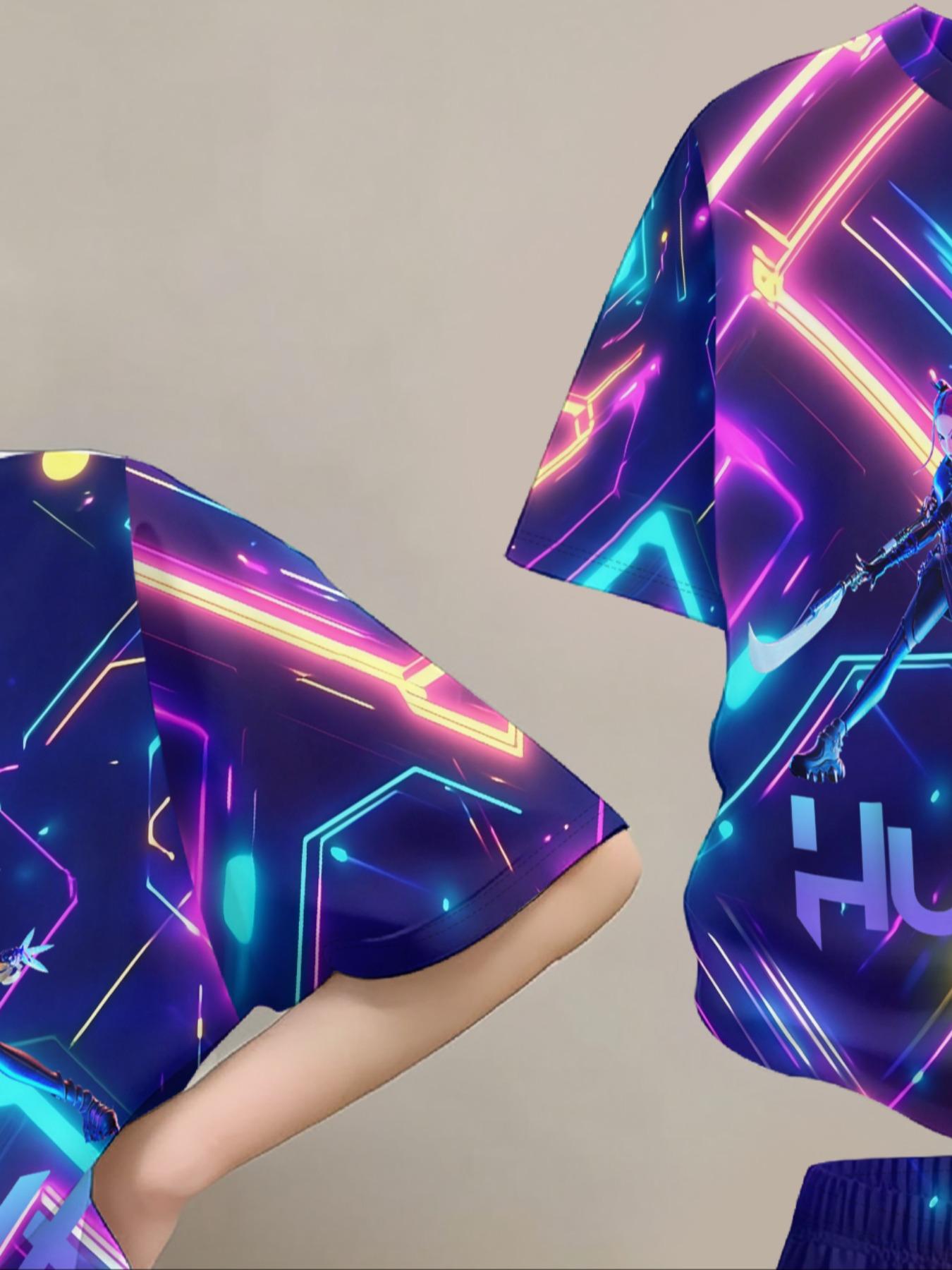 New Kids Trendy Starry Neon Full Print Set, Short Sleeve Loose Top + Unique Bell Bottoms, Spring Summer Casual Fashion Clothing