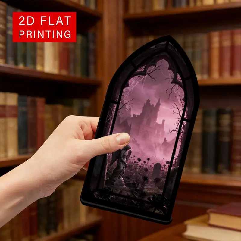 This is a 2D flat book stand designed with Gothic cemetery ruins, dark castles, and angel statues. It is a decorative item suitable for bookshelves, creating a warm and glowing corner, and is the perfect gift for bookworms