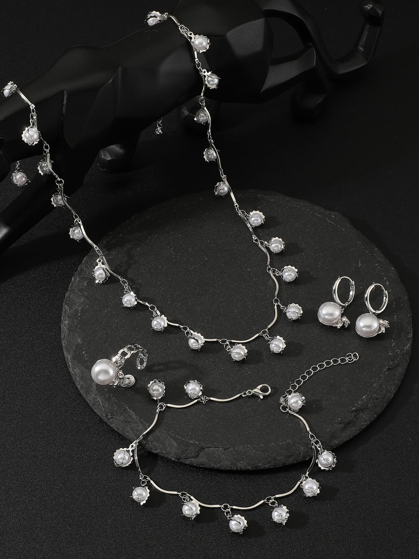 3 Piece Pearl Zircon Wave Necklace Set, Elegant Ladies' Delicate Collar Chain, Wedding Party Jewelry, Birthday Gift