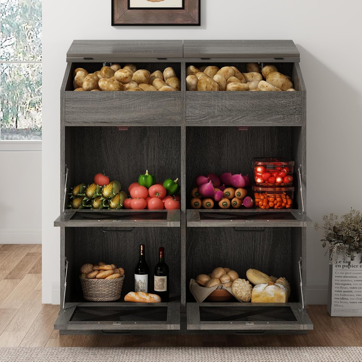 Large Wood Veggie Bin for Potato,Bread,Onion With 6 Large Storage Space. Root Vegetable Storage Box For Kitchen, Farmhouse Wood Potato Box With 4 Mesh Doors,32 * 12.4 * 36 INCH