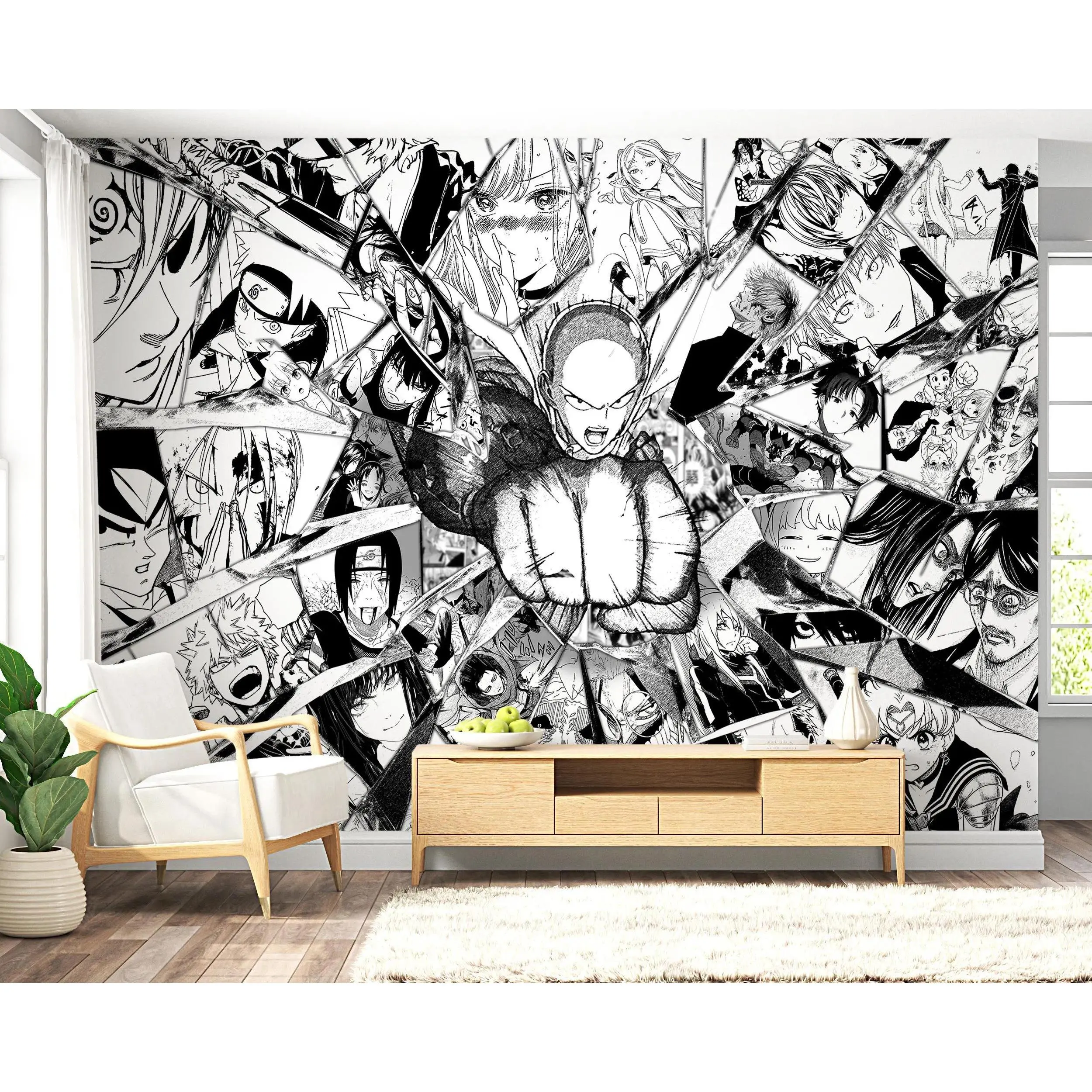 Anime Manga Collage Photography Backdrop – Classic Black & White Manga Panel Photo Booth Background for Otaku Events & Gaming Room Decor