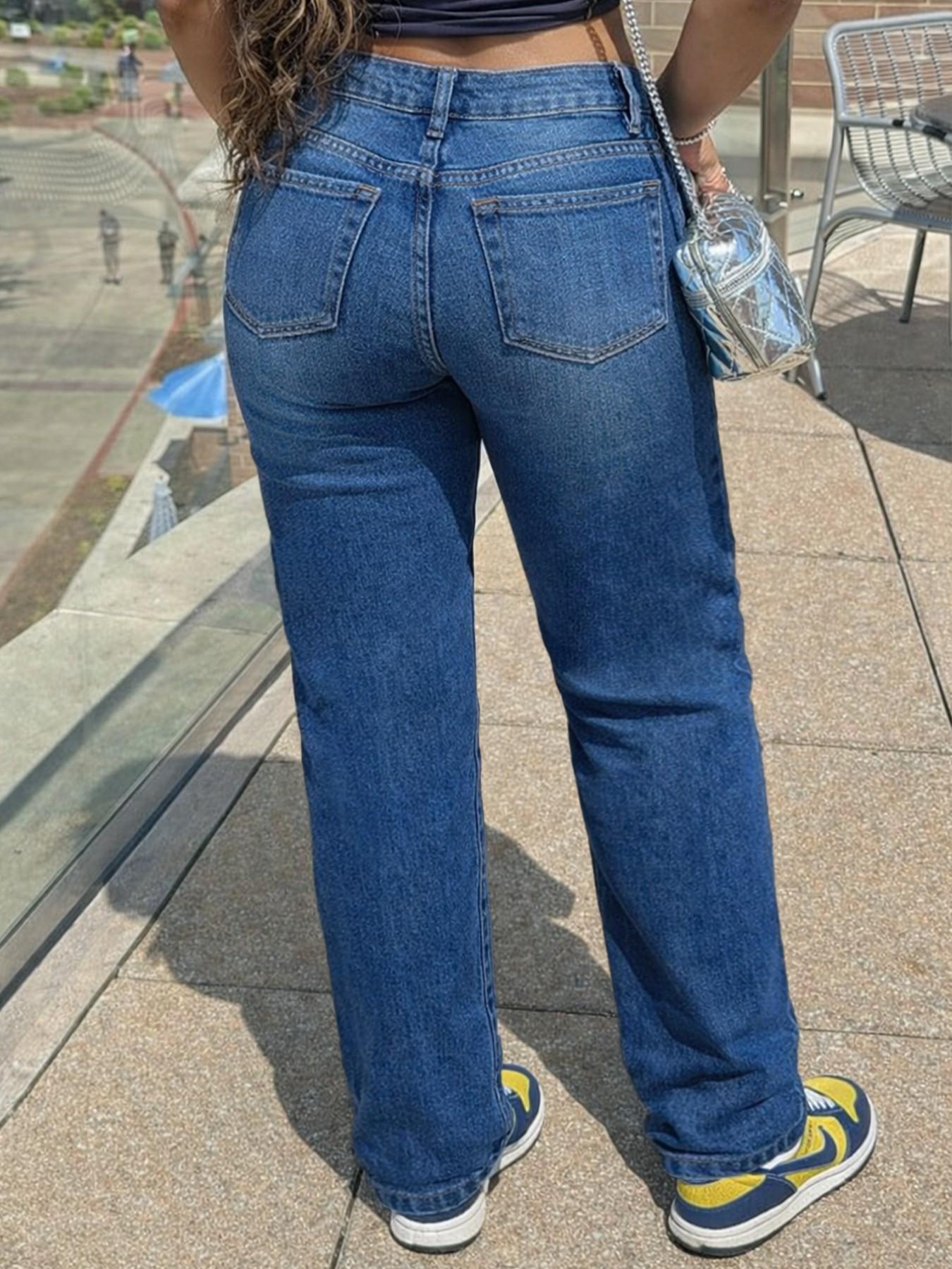 Women's Spring & Fall Fashion Jeans, Washed Blue Elastic Slim Fit Straight Leg Pants, Casual Commuter Denim Trousers