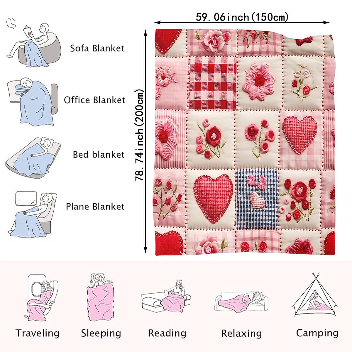 Valentine's Day Heart Plaid Digital Print Flannel Blanket, Soft Comfortable Sofa Bed Throw, Office Nap Shawl, Outdoor Sports Multi-Purpose Blanket