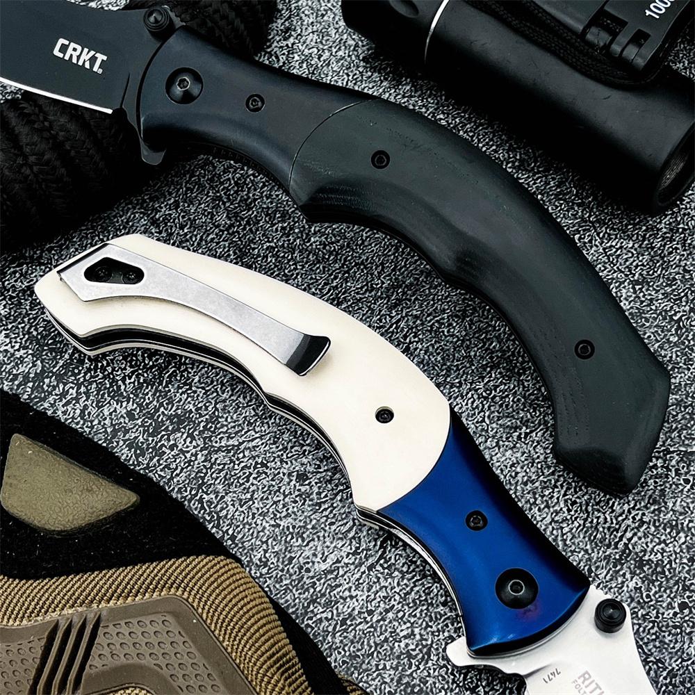 Two colored 7471 best-selling folding knives, featuring 8Cr13Mov steel blades and handles crafted from ebony wood and resin. Portable, practical pocket knives, Survival tools, ideal for outdoor camping, hiking, fishing