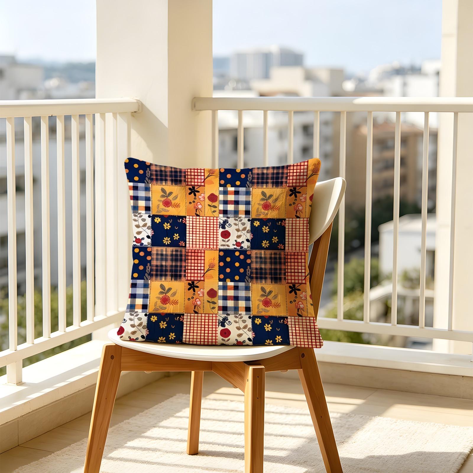 Vintage Floral Gingham Patchwork Digital Print Throw Pillow, Soft Square Decorative Accent Pillow Cushion Includes Pillow Core, Cottage Style Pillow for Sofa Couch Window Bench, Machine Washable Country Home Decor Gift for Women, Polyester Fiber Cushion