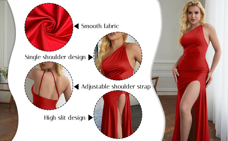 OYV Women's Sexy One Shoulder Ruched High Split Evening Maxi Formal Dress