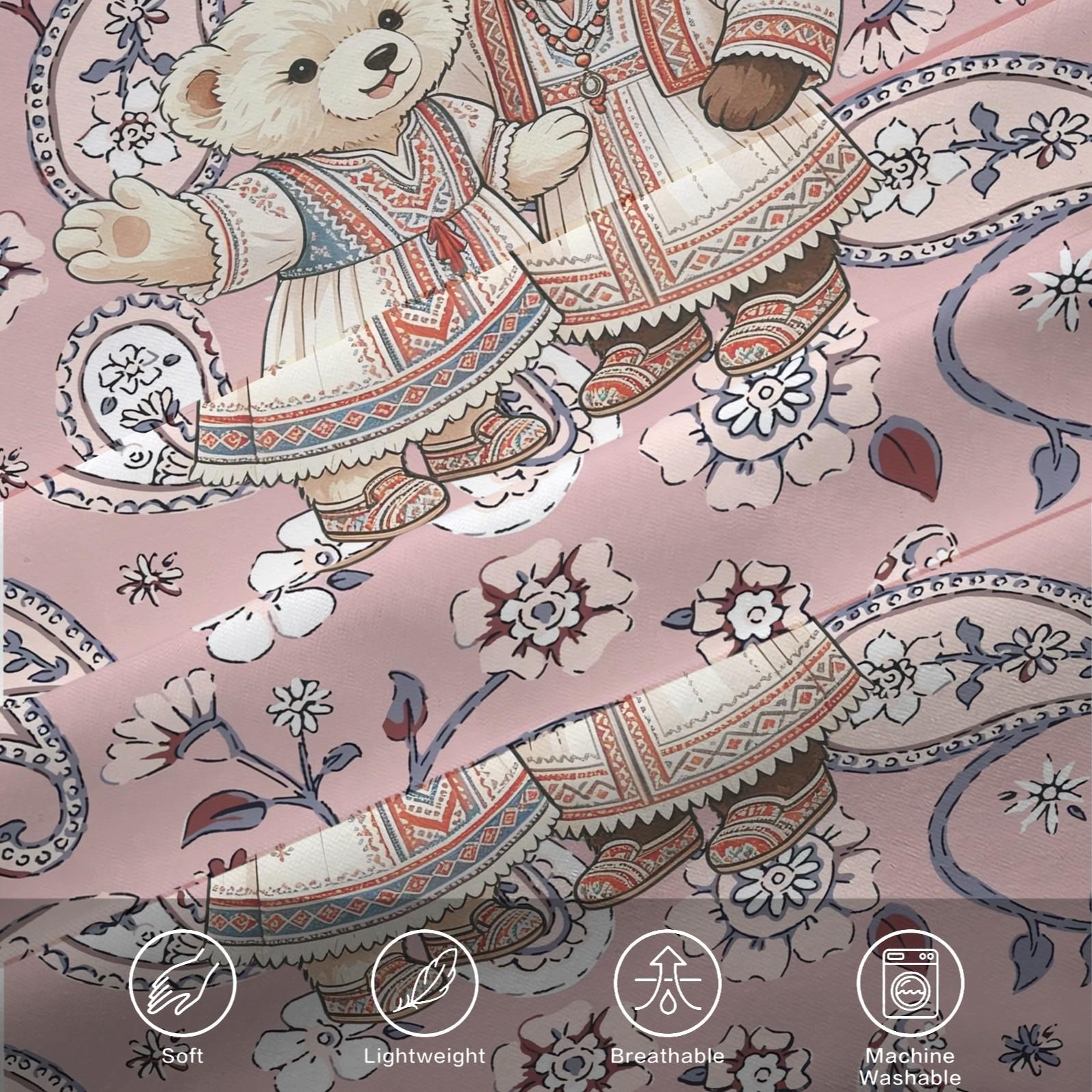 Ethnic Couple Bear Fitted Sheet Set, 3 Pieces (1 Fitted Sheet + 2 Pillowcases), Soft Skin-Friendly, Pink Paisley Floral Bedding, Deep Pocket, Cute Bear Print for Girls Teens Bedroom, All Seasons
