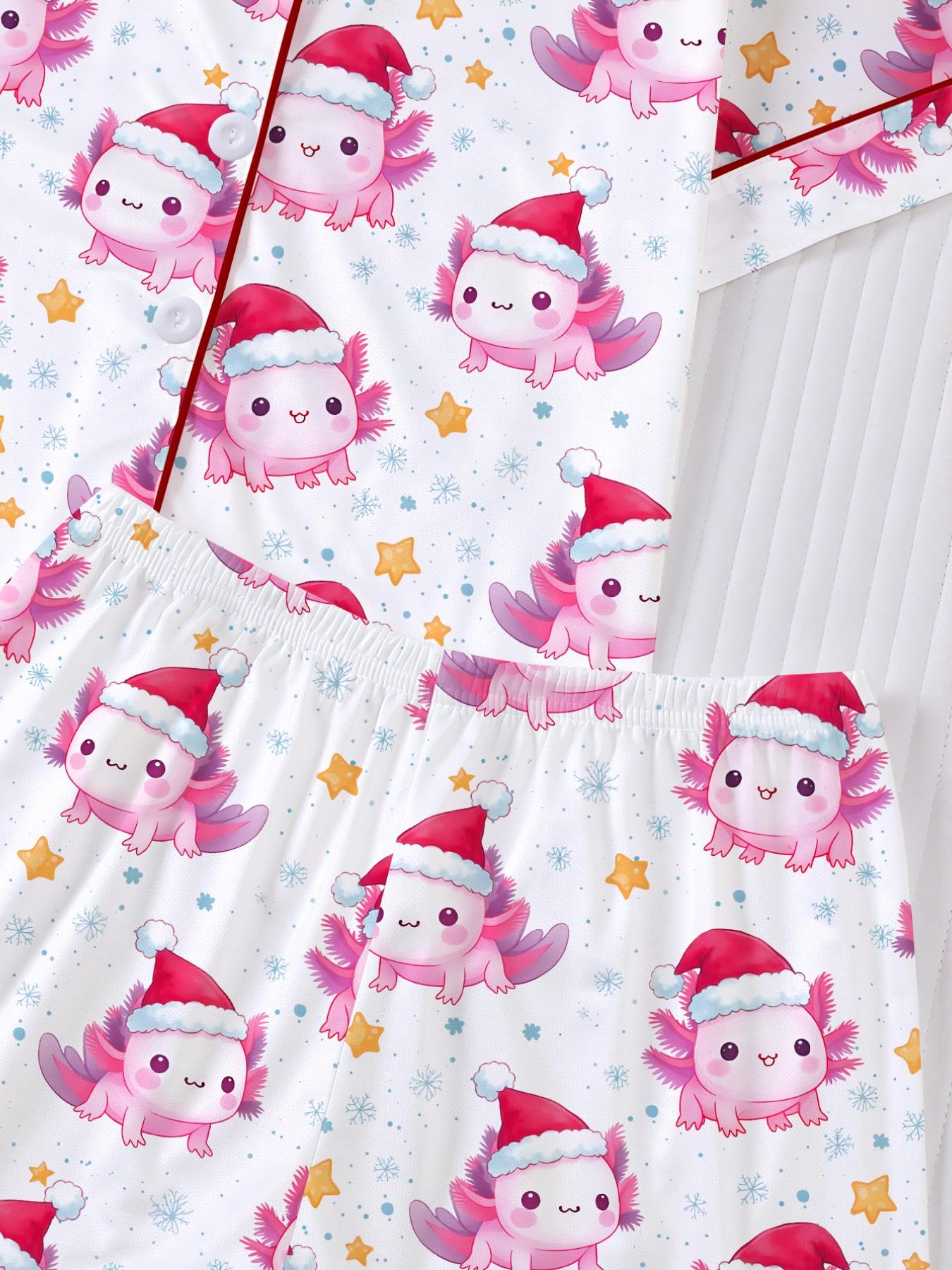 New Christmas Cartoon Print Kids Pajama Set, Short Sleeve Shirt and Loose Fit Pants, Breathable Casual for Holiday Parties