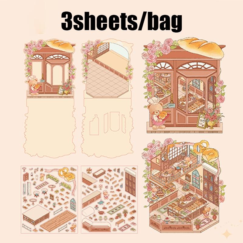 Romantic Bear Romantic House Series Scene Sticker Set, 4 Pieces, Floral Pattern Sticker, Decorative Wall Decals, Perfect for Home Decoration