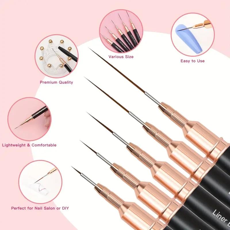 5 Nail Art Brushes Set, Manicure Brush, Metal Pen Holders, Detail Striped Brushes, Fine Line Pens, Floral Painting Tools, UV Gel Polish, 4-25mm