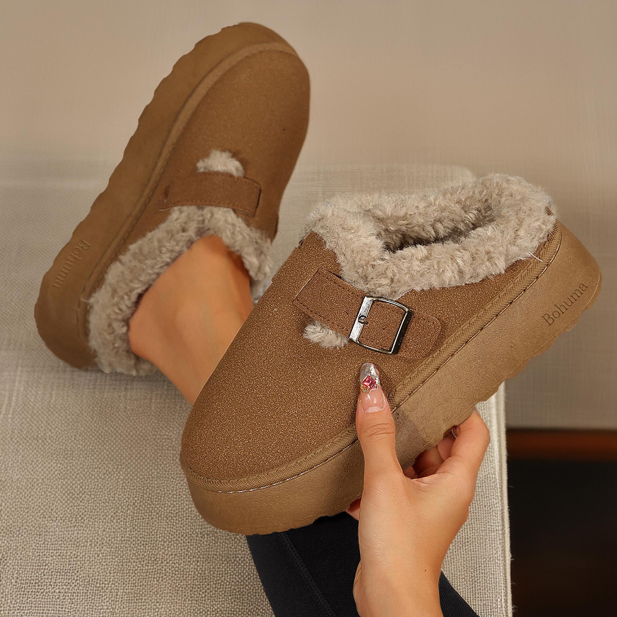 Women's Slippers Platform Mini Boots Short Ankle Boot With Buckle Fleece Lined Winter Warm Indoor Outdoor Thick Sole Plush Slipper Boots Springfresh
