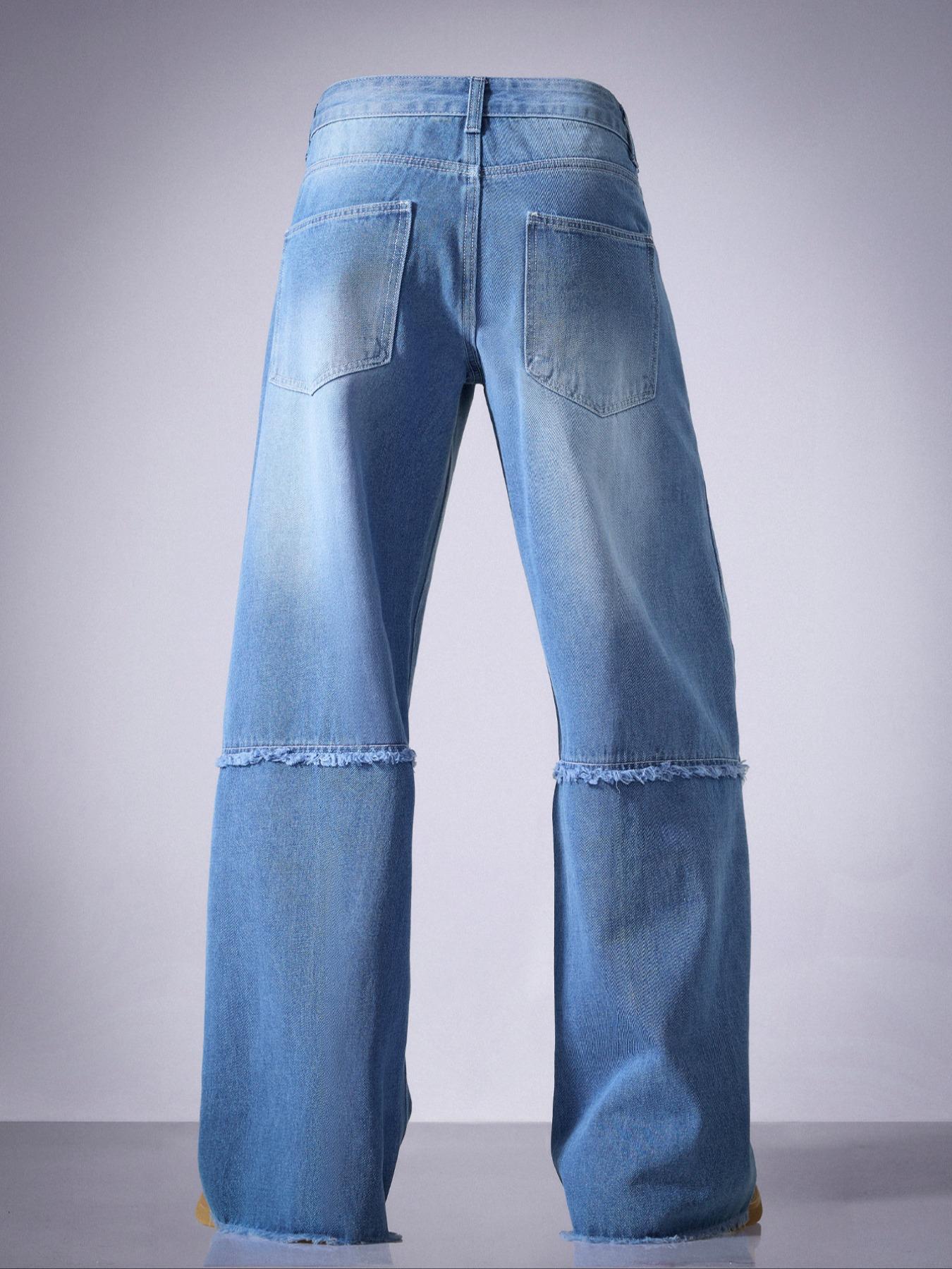 Men's Retro Washed Loose Fit Straight Leg Jeans, Casual Ripped Denim, Patchwork Faux Fur Hem, Pleated Design, Y2K Streetwear, All Seasons