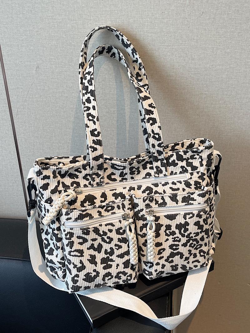 Retro leopard print fashionable shoulder bag, niche minimalist casual shoulder bag, personalized lazy leopard print multi pocket design, practical clown, suitable for students' daily commuting and shopping, Crossbody Tote Bag