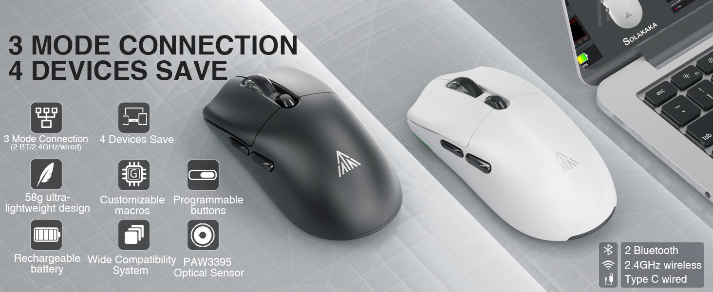 Solakaka SM800 wireless gaming mouse with 26,000 DPI, three-mode connection 2.4GHz wireless Suitable for all FPS games. Gaming mouse with anti-slip stickers and ergonomic design
