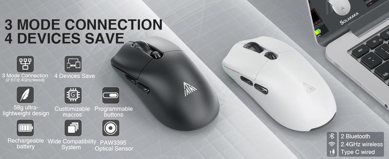 Solakaka SM800 wireless gaming mouse with 26,000 DPI, three-mode connection 2.4GHz wireless. Suitable for all FPS games. Gaming mouse with anti-slip stickers and ergonomic design FallFreshness