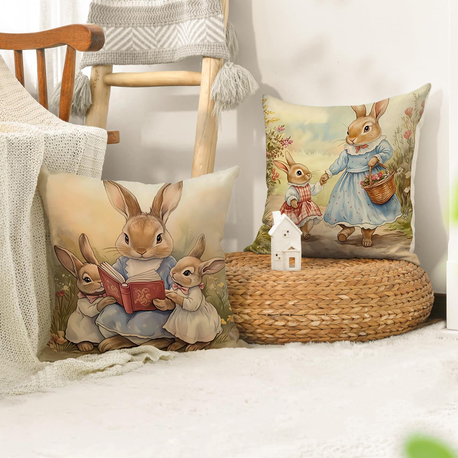 4pcs Easter Cute Rabbit Pillow Cover, Retro Style Cartoon Rabbit Easter Spring/Summer Season Decorative Cushion Cover, 18x18 inch Pillowcase, Farmhouse Holiday Decorative Pillow Cover, Suitable for Living Room, Sofa, Office, Outdoor (No Pillow Core)