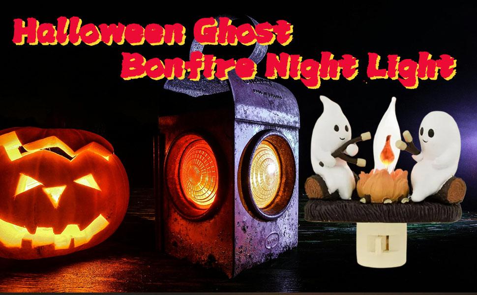 Ghosts Campfire Night Light, Wireless Led Plug in Wall Sconces Flicker Flame Figurine Lamps Halloween Decorations Indoor for Family, Party, Room, Kitchen (1pcs)