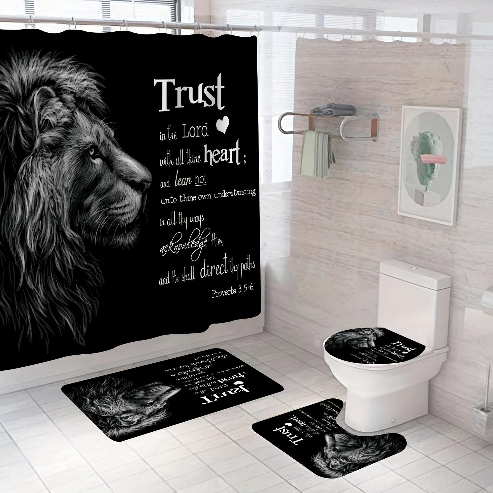 4pcs Lion of Judah Bible Verse Shower Curtain Set with Non-Slip Bath Rug, U-Shaped Toilet Mat & Lid Cover - High Quality Christian Faith Bathroom Decor, Hebrews 13:5 Psalm 23:1 Inspired Lion Print Accessories Kit, Shower Curtain For Bathroo