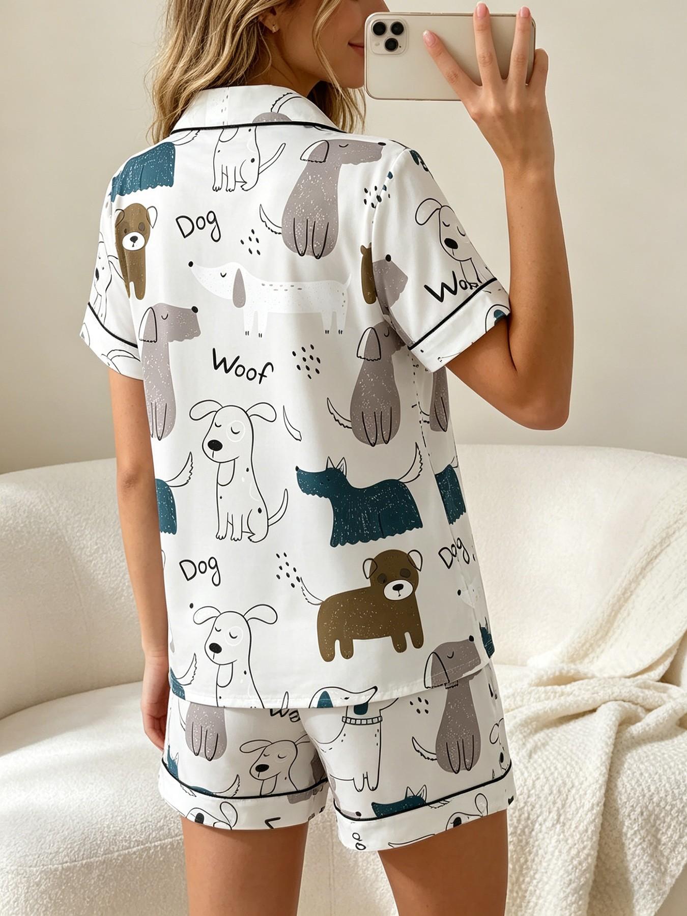 Women's Short Sleeve Button Down Top and Shorts Pajama Set, Spring Summer Wear, For Fun Lovers, White Base Funny Dog Woof Print, Classic Lapel Collar, Loose Fit, Comfortable For Home & Photo Shooting