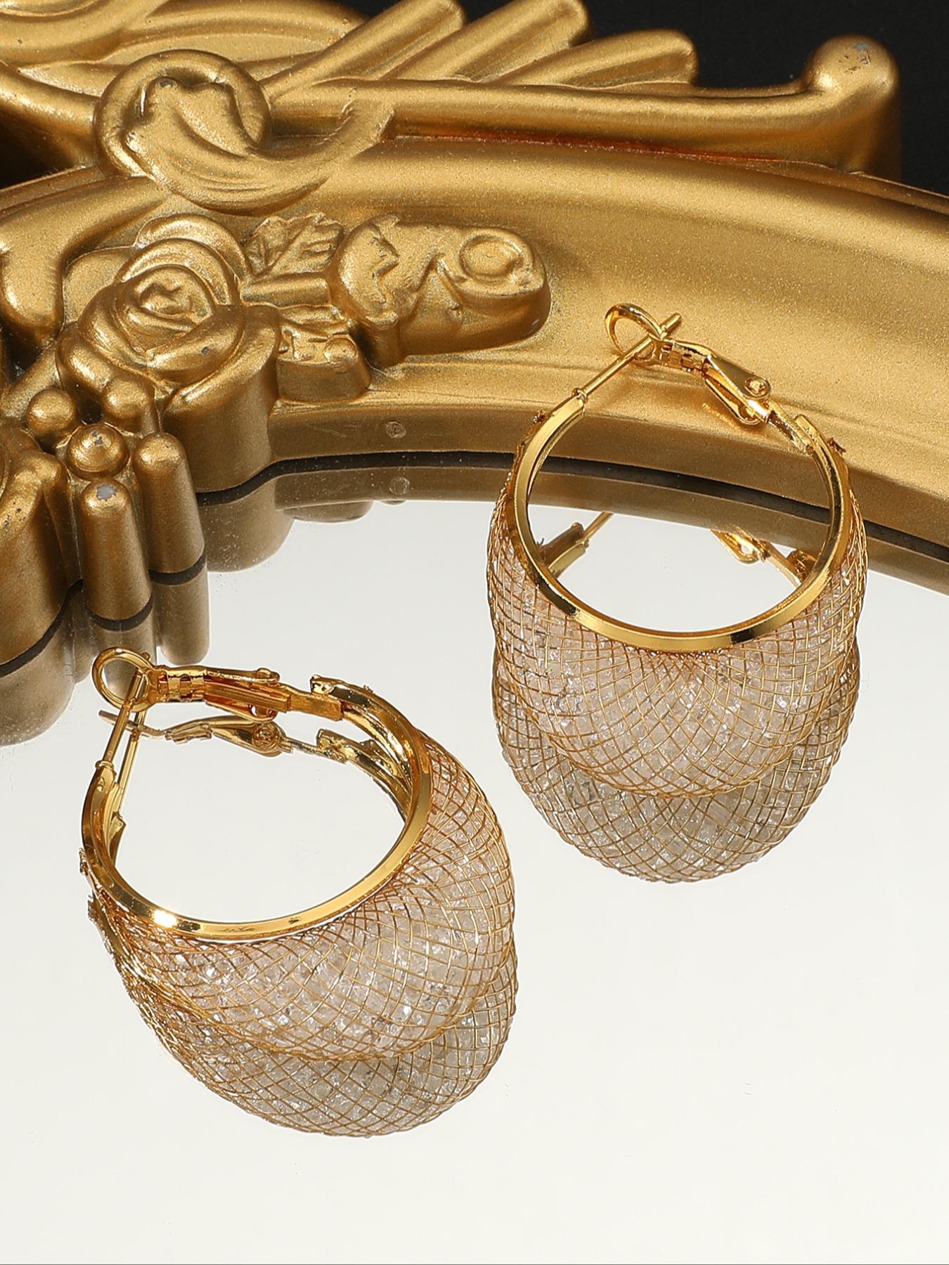 Vintage Braided Mesh Full Rhinestone Large Circle Earrings, 18k Gold Plated Luxury French Accessories, Boho Style Titanium Alloy Chain