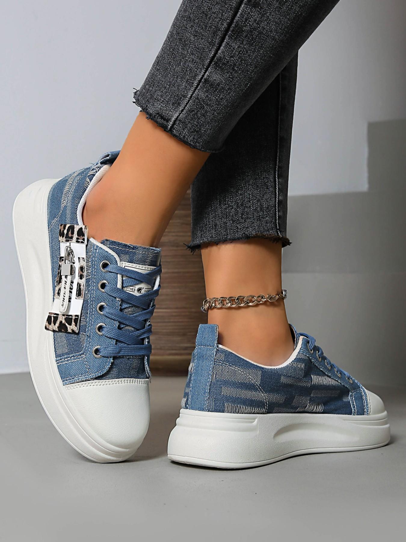 Vintage Denim Thick Sole Sneakers, Trainer, Leopard Print Zipper Decor, Casual Height-Boosting Women's Shoes, Perfect for Students