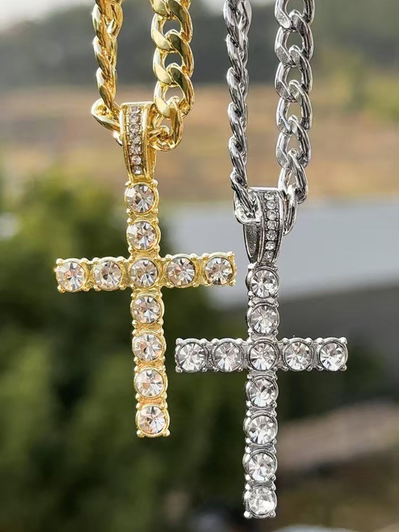 3pc Luxury Ice Zircon Cross Pendant Set, Faith Pendant Necklace, Cuban Link Design Chain & Braided Rope Necklace, Religious Jewelry Accessories