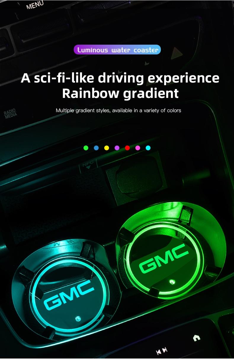 2pcs Car Luminous Water Cup Pad LED Atmosphere Light For GMC Terrain Sierra Canyon Yukon Acadia Savana Denali AT4 Granite