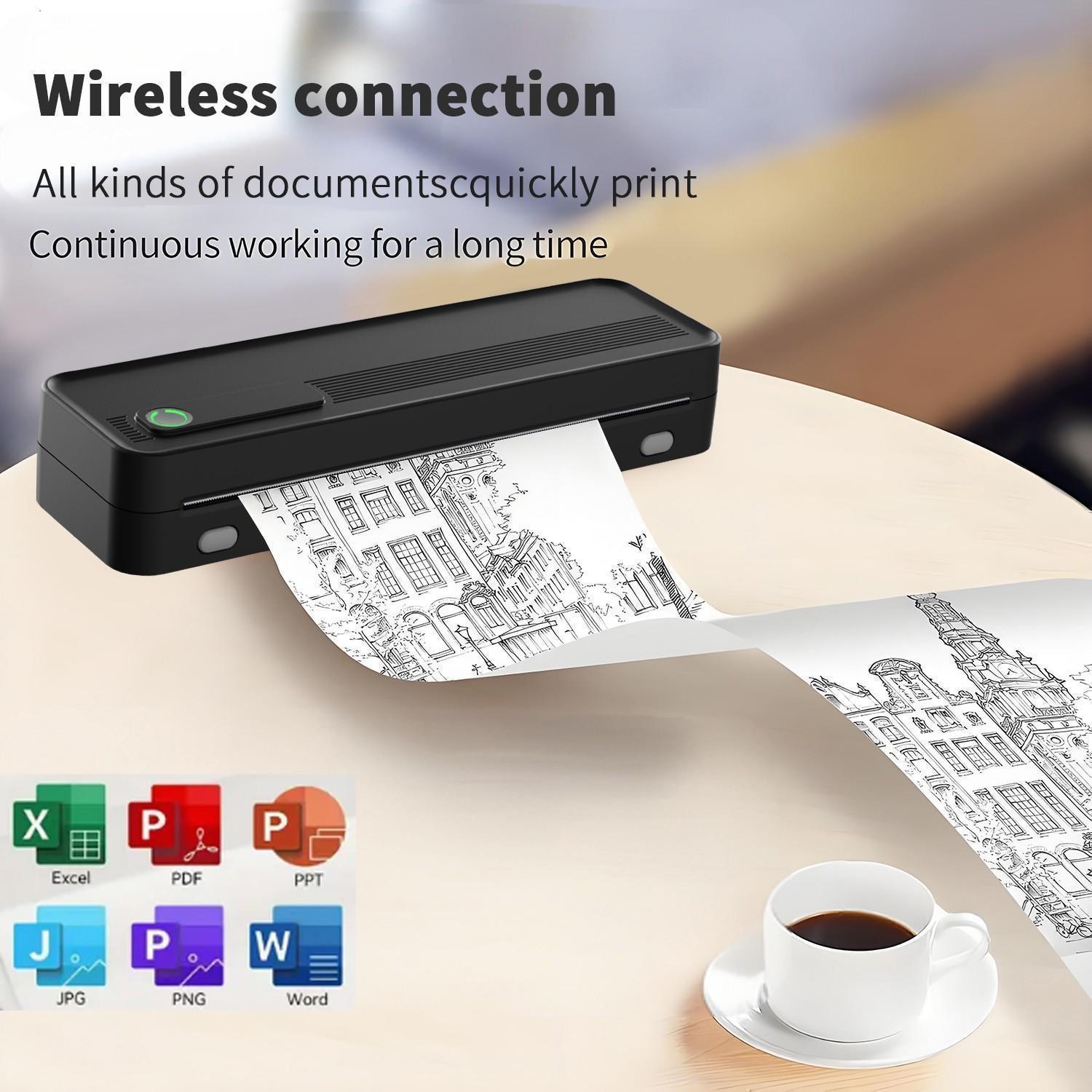 Portable Wireless A4 Thermal Printer, Inkless Home Office Error Correction Printer, Supports Phone Computer Multi-Size Paper Types