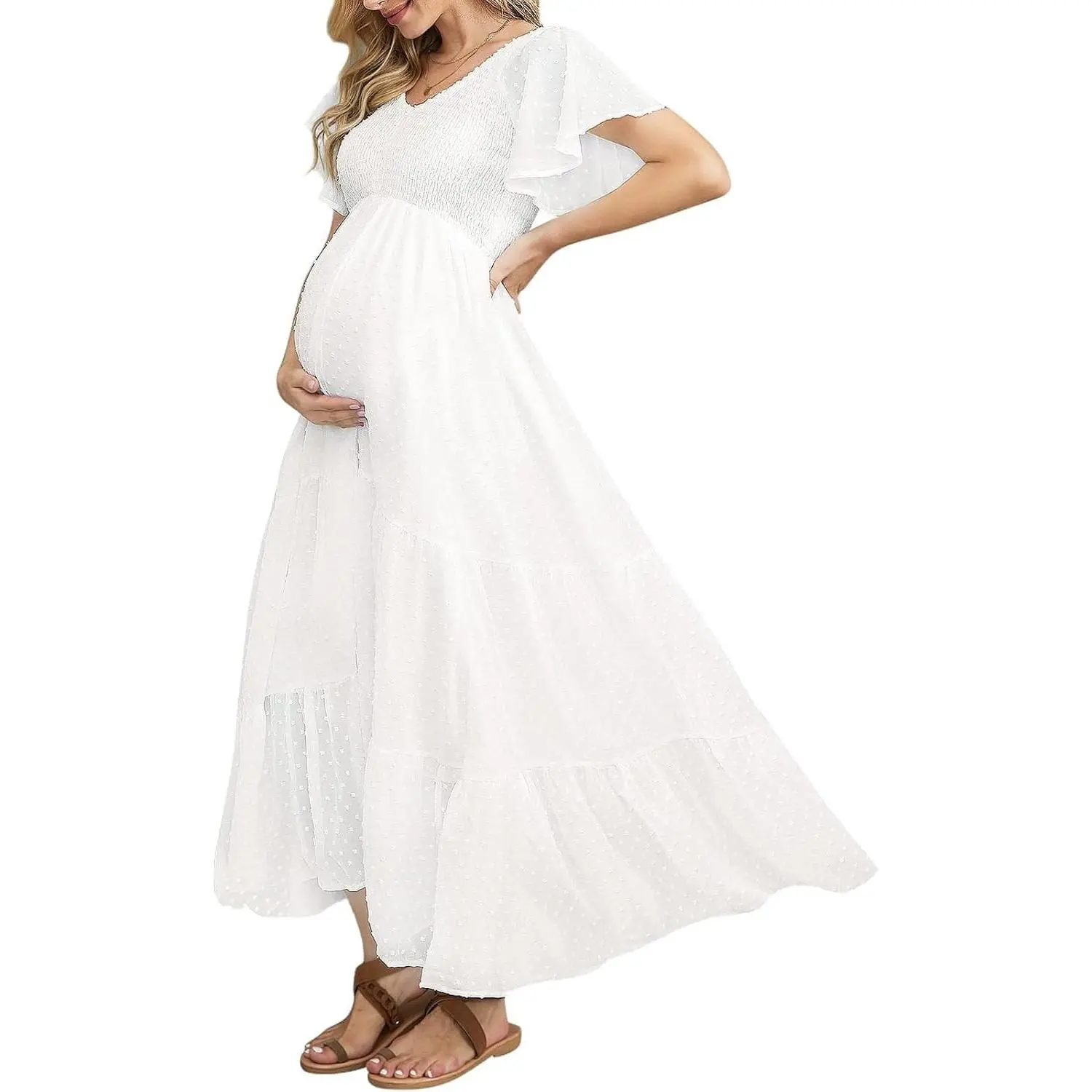 Swiss Dot Smocked Maternity Dress for Photoshoot and Baby Shower | Flowy Maternity Maxi Dress, V Neck, Ruffle Sleeves, Empire Waist, Tiered Skirt, Wedding Guest Summer Pregnancy Dress