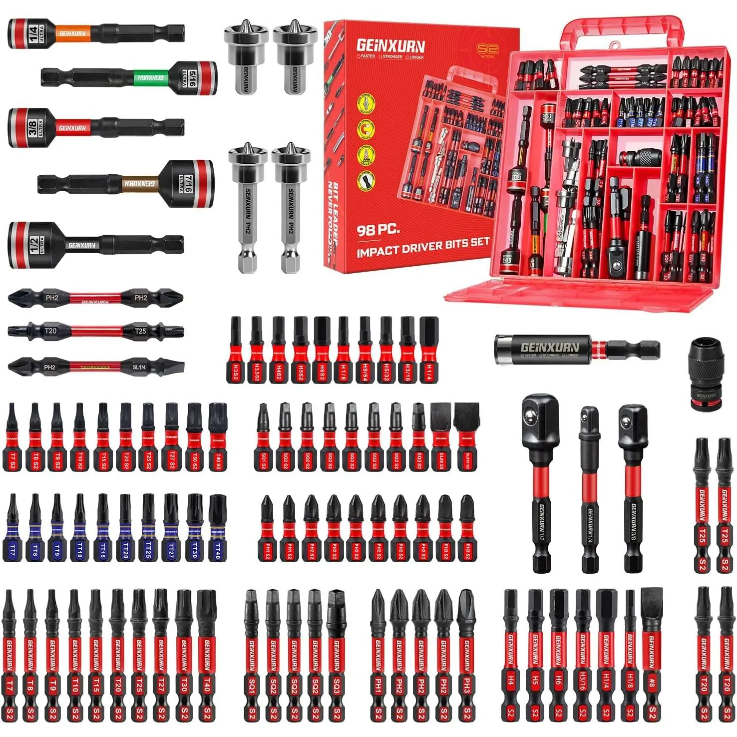 98Pieces 1"/2" Impact Screwdriver Bits Set, Magnetic S2 Steel (Phillips/Slotted/Square/Torx/Hex/Security Torx) Driver Bits Tips,Impact Bit Holder and Nut Driver with Red Storage Box Case