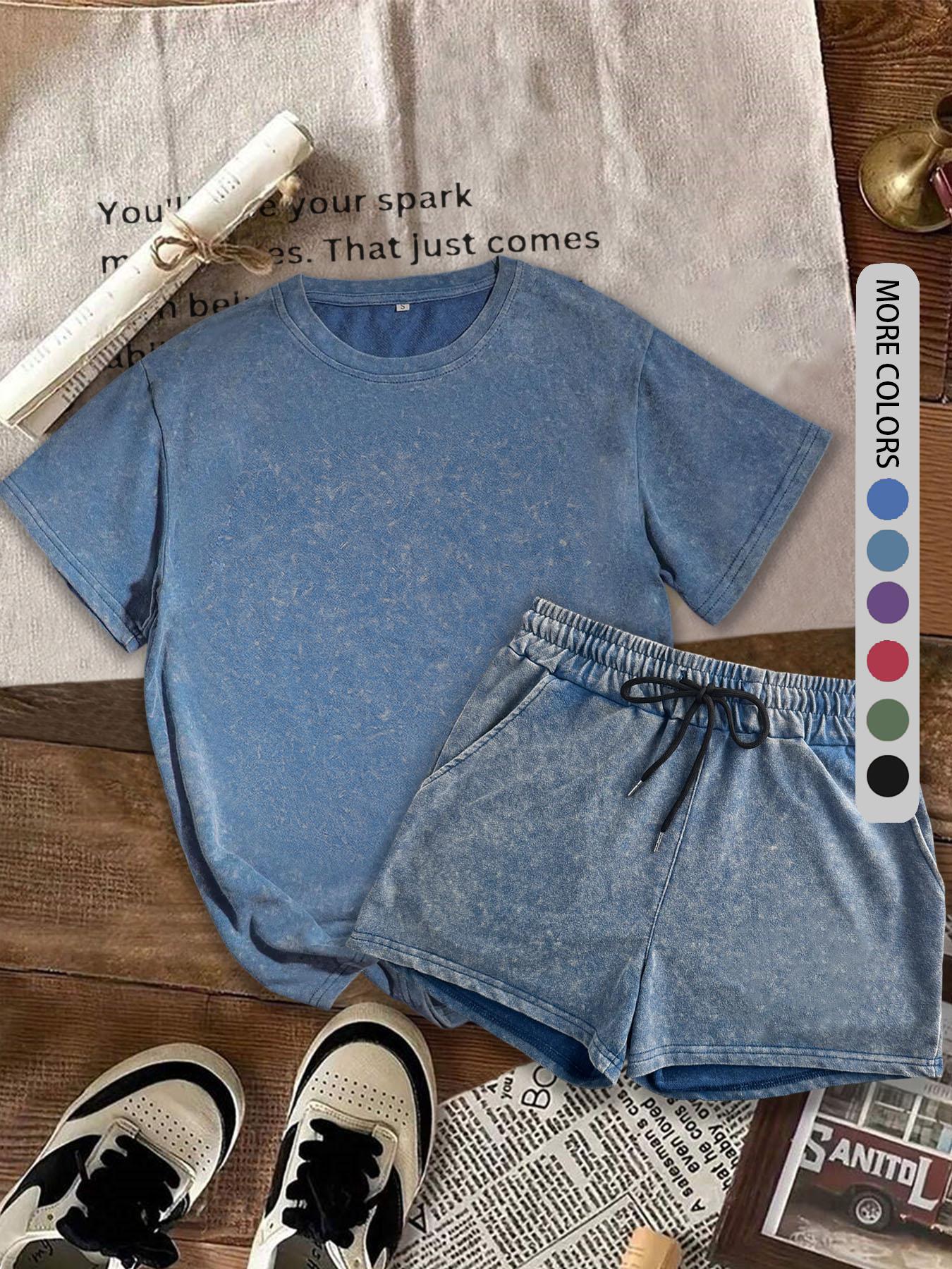 Two-piece Set Women's Solid Color Short Sleeve Tee & Shorts, Casual Minimalist Fitted Round Neck T-shirt & Shorts, Summer Daily Clothes Set for Ladies Outdoor Holiday, Womenswear, Athletic Activewear