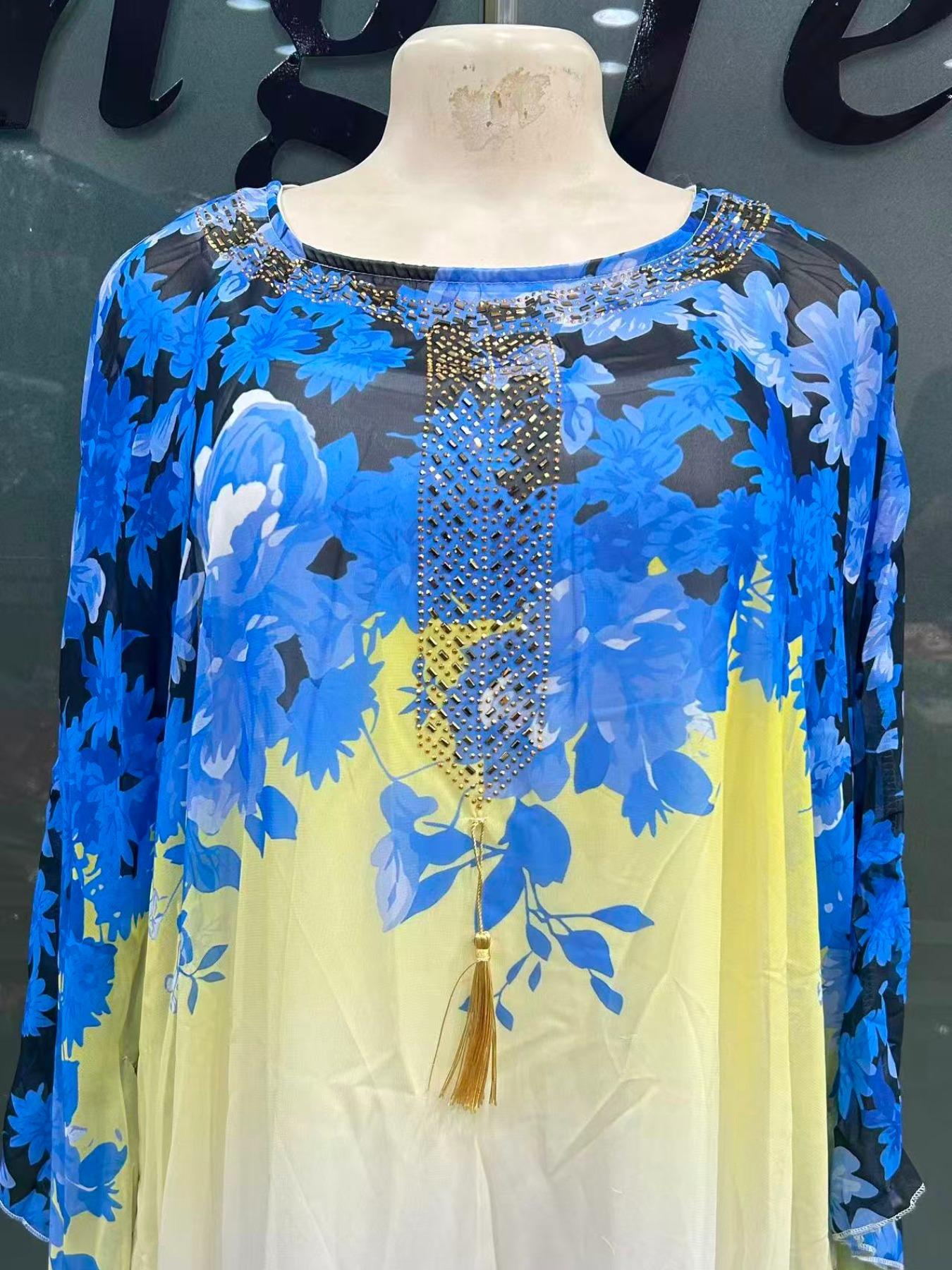 African Style Boho Gradient Print Chiffon Two-Piece Dress, Loose Fit Batwing Sleeve Long Gown, Muslim Commute Vacation Slimming Robe African Dress For Women With Headscarf, Classy Modest Dresses