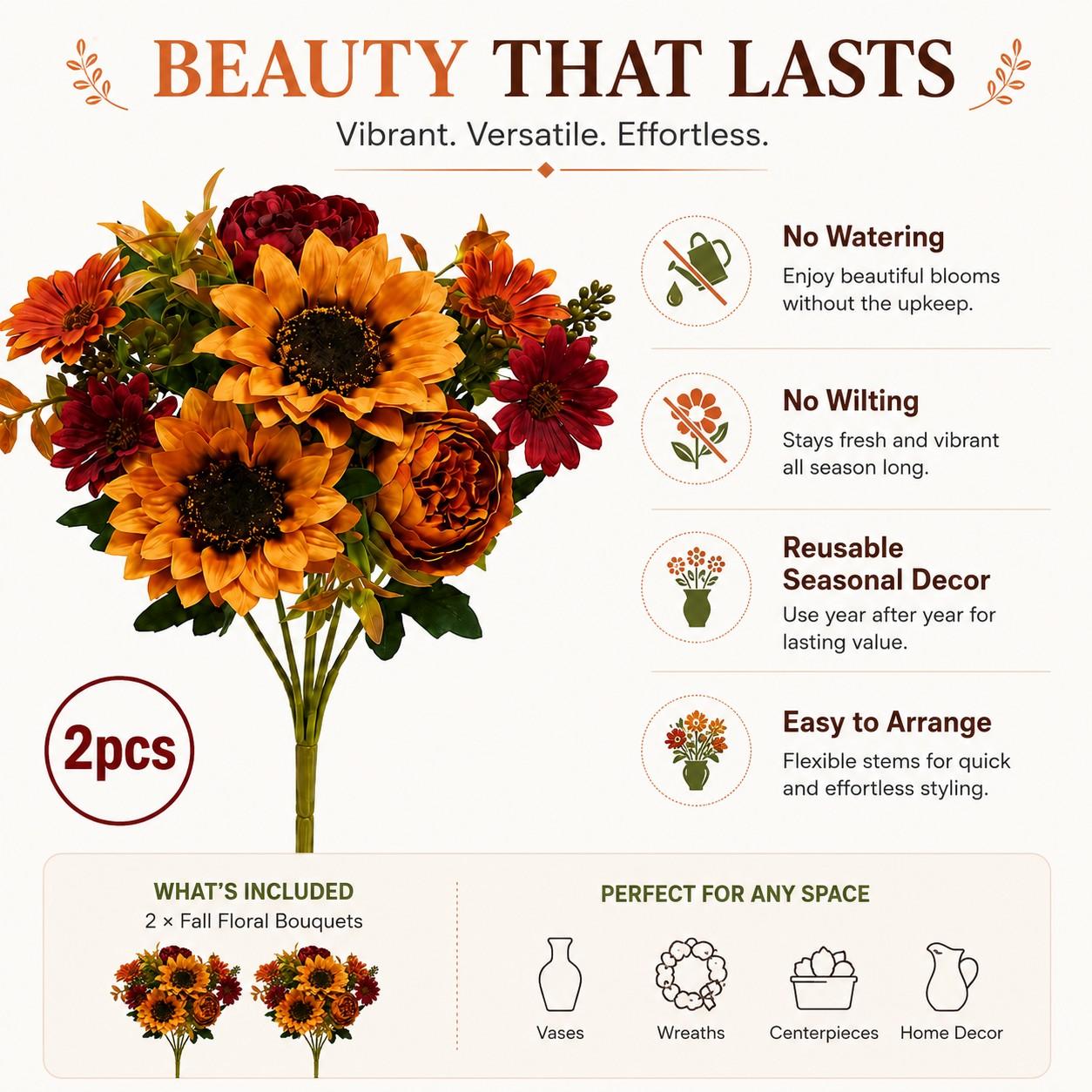 2/4 Bundle Artificial Fall Flowers, Sunflower Peony Bouquet, Faux Sunflower Flowers, Autumn Home Decor, Thanksgiving Centerpiece