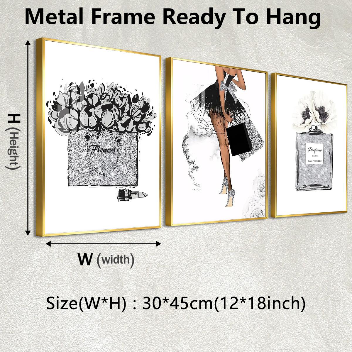 3 Counts Aluminum Alloy Framed Painting, Fashion Girl Perfume And Flower Art Prints, Home Decoration For Living Room, Bedroom, Office, Restaurant, Hallway Wall Decor, Odorless Print Artwork, Luxury Perfect Gift For Friends And Family