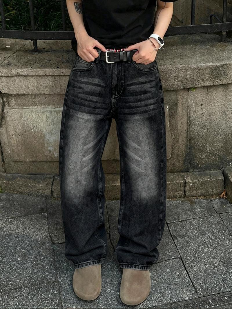 Men's Y2K Hip-Hop Style Black and Gray Gradient Stone Washed Jeans | Loose Baggy Street Style Jeans Retro Distressed Urban Street Casual Daily Wear
