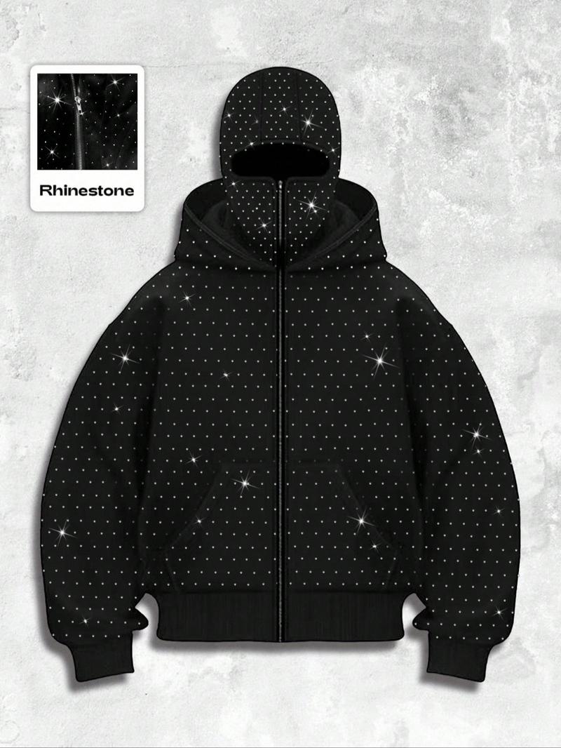 Men's Street Style Rhinestone HooMen's Street Style Rhinestone Hooded Sweatshirt, Pocket and Zip Design, Fall & Winter Wear, Geometric Pattern, Fitted Fitded Sweatshirt, Pocket and Zip Design, Fall & Winter Wear, Geometric Pattern, Fitted Fit