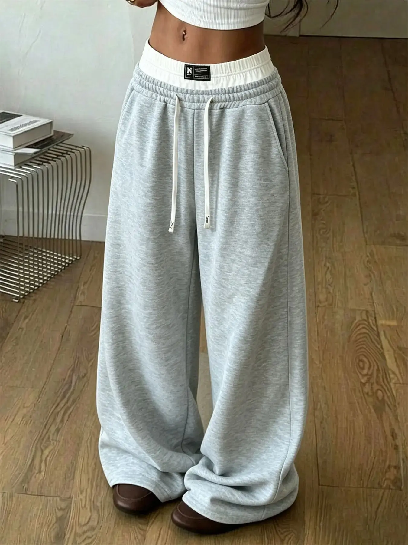 Women's Plaid Wide Leg Sweatpants, Loose-Fit High Waist Drawstring Pants, Casual Y2K Street Style, Four-Season Wear, with Pockets