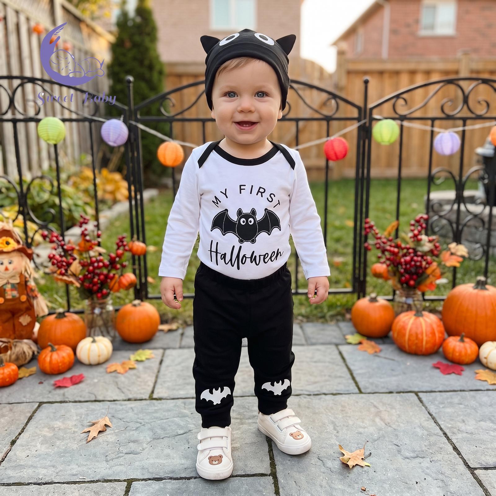 Baby Boy Halloween 3-Piece Gift Set - Polyester Embroidered Long-Sleeve Romper, Pants, Pumpkin Bat Accent Hat Baby Boy Halloween 3-Piece Gift Set - Polyester Embroidered Long-Sleeve Romper, Pants, Pumpkin Bat Accent Hat