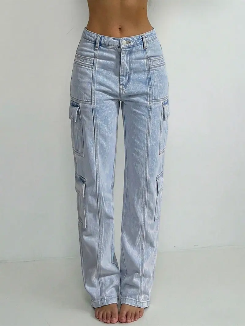 Women's Light Blue Wash High Waist Multi Flap Cargo Pockets Non-Stretch Rigid Denim Fabric Wide Leg Jeans, Baggy Utility Straight Fit Long Pants, Streetwear Casual Daily Commute Outfits for Women TChic