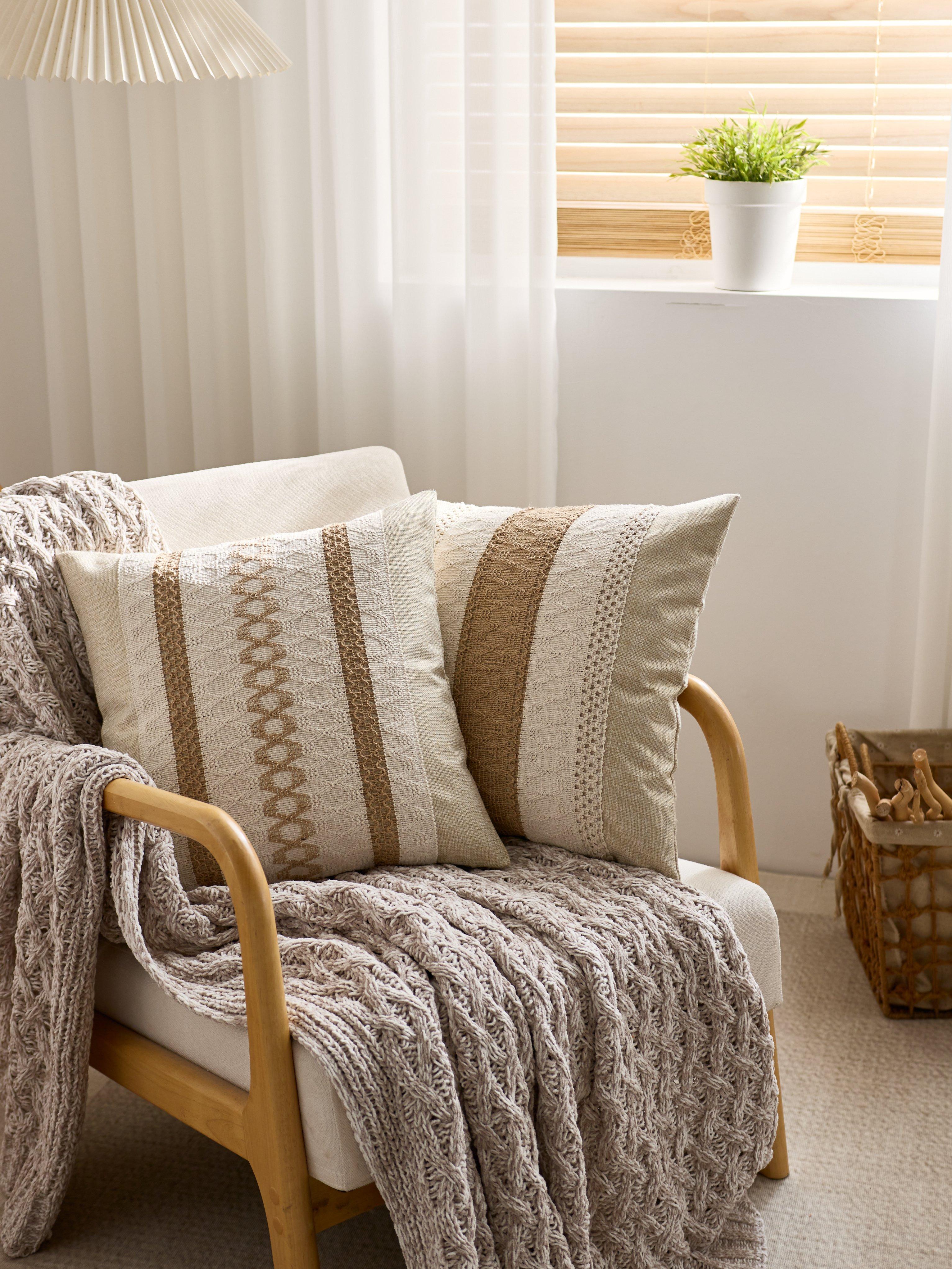 DRAGUE Boho Throw Pillow Covers, 17.7x17.7 in Set of 2 Beige Brown Farmhouse Textured Embroidered Striped Cushion Covers for Couch, Bedroom Home Decor (No Inserts Included)