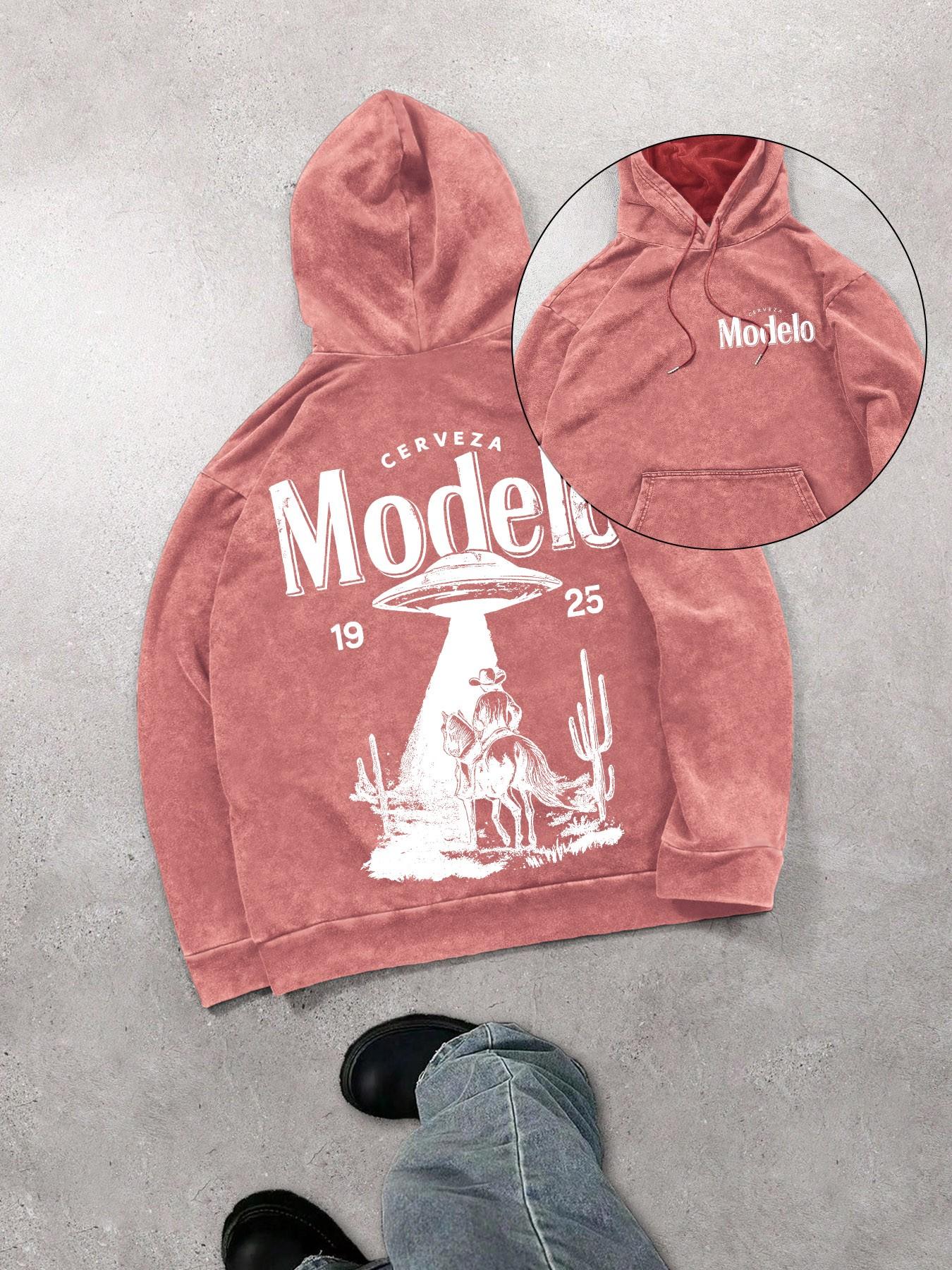 Mexican beer and UFO men's street retro style washed hooded sweatshirt, fashionable and trendy casual long-sleeved hoodie, men's spring and autumn style.